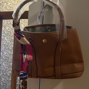 Brown Leather Handbag with Scarf Accent